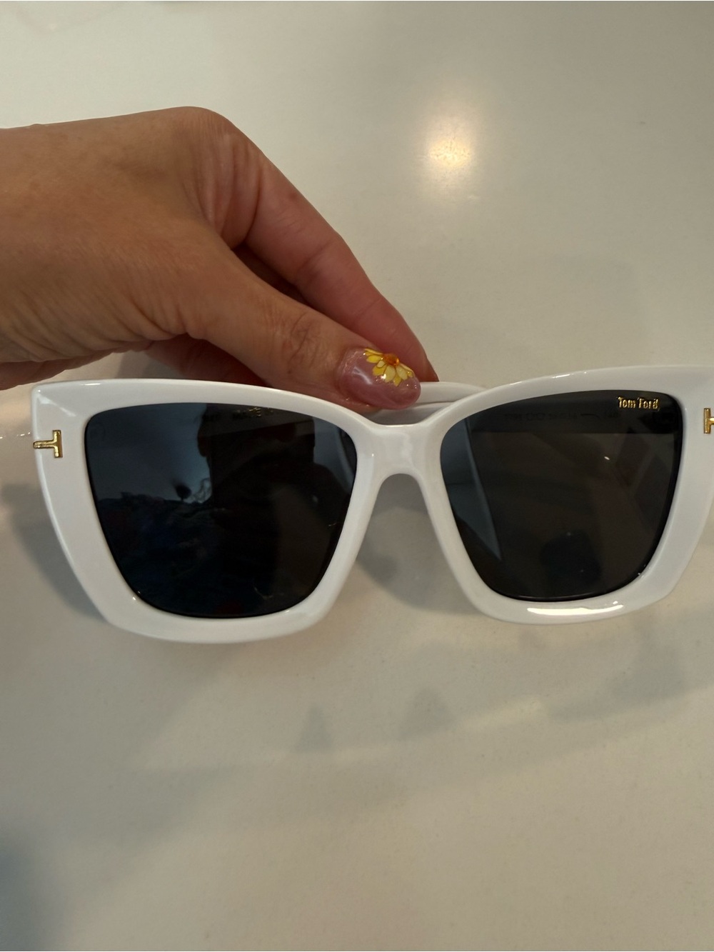 Tom Ford White Square Sunglasses with Black Lenses and Gold Accents